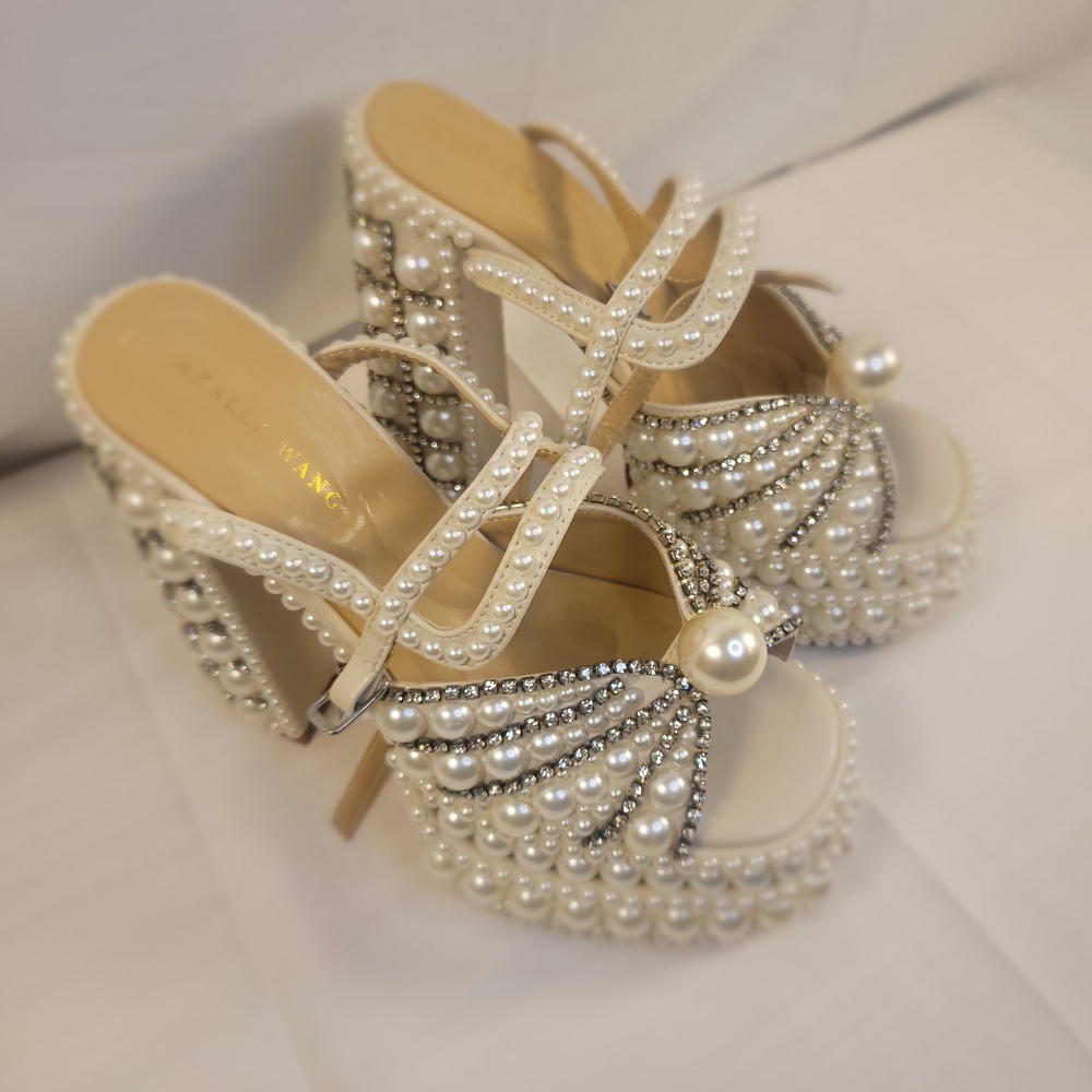Azalea Wang Pearl-Studded White Platform Heels